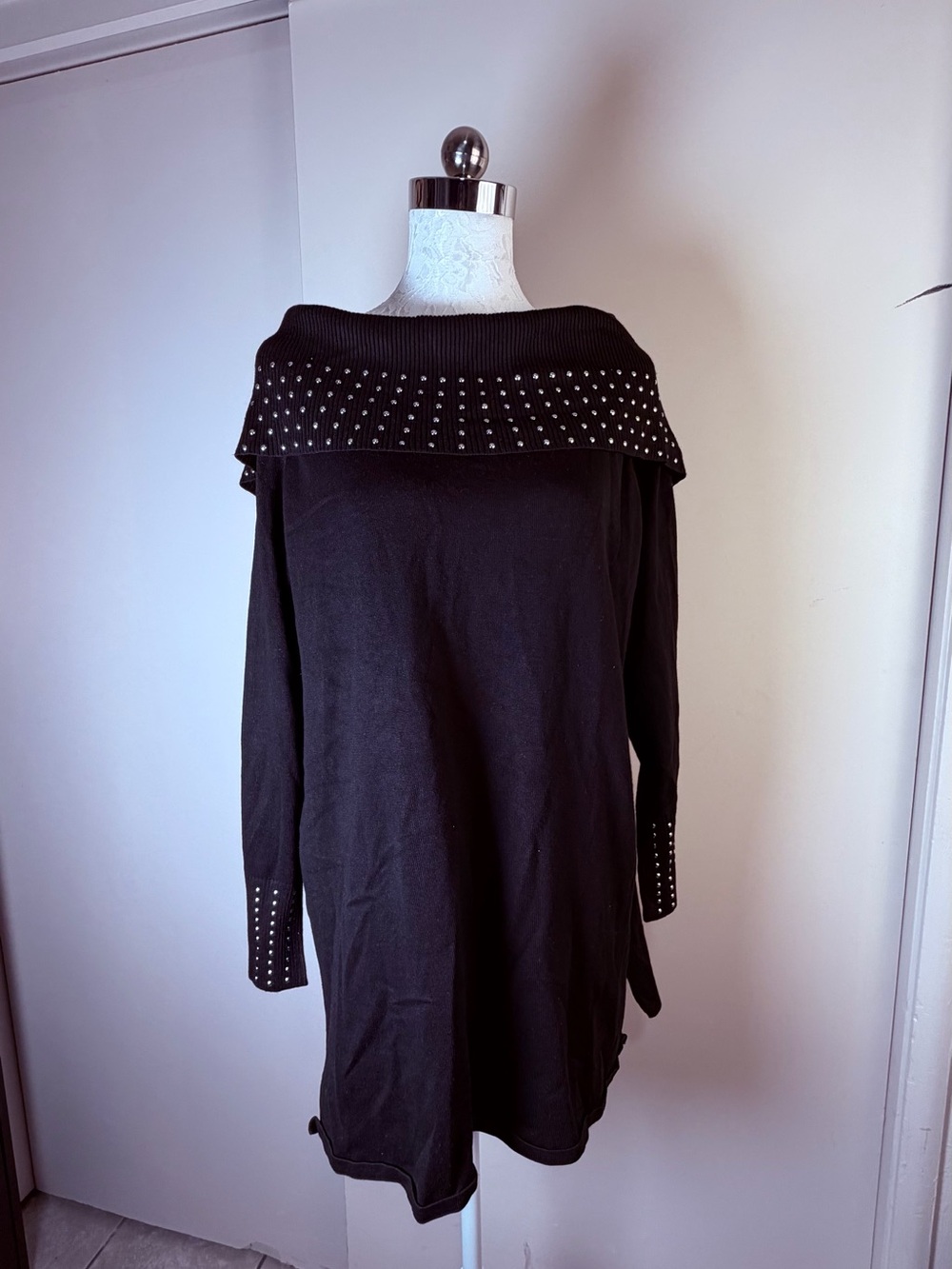 Black Off-Shoulder Studded Sweater Dress